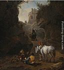 Peasants Playing Cards by a White Horse in a Rocky Gully